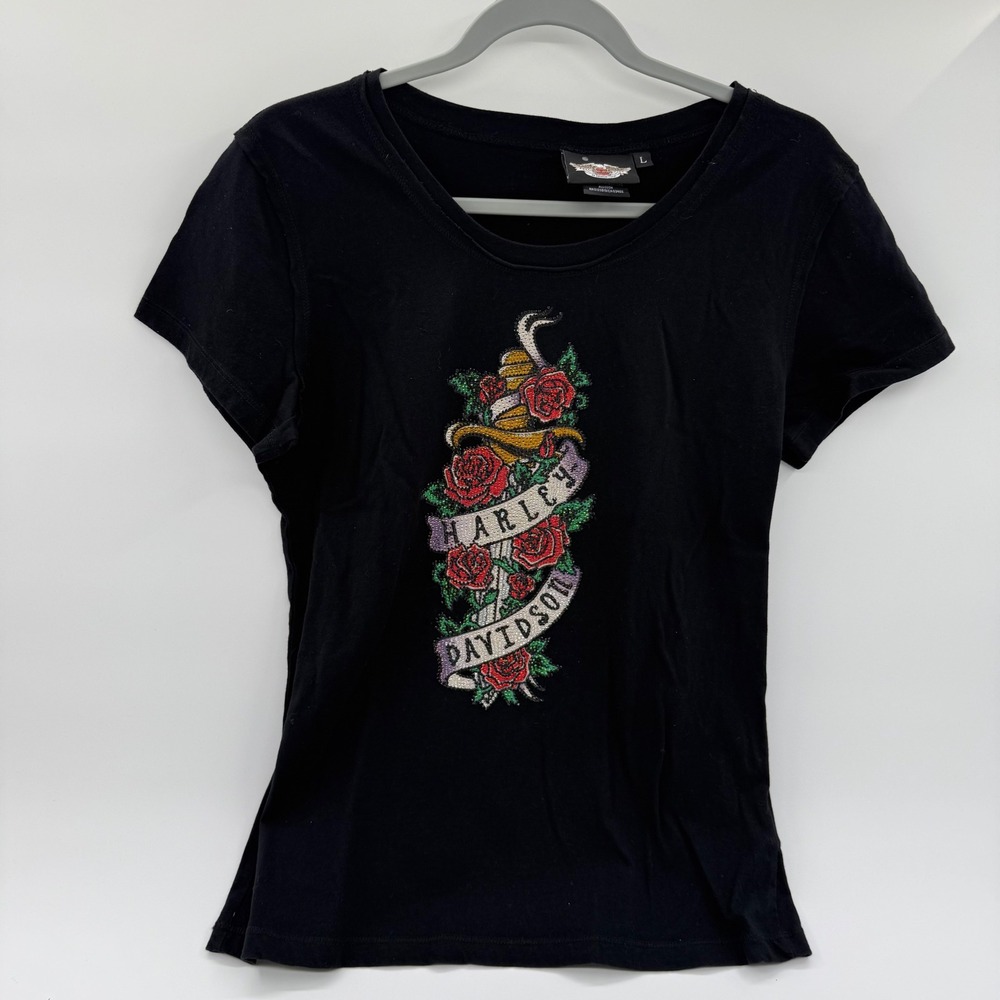 Harley‎ Davidson Womens Black Rhinestone Rose Dagger T-Shirt Large Made in USA